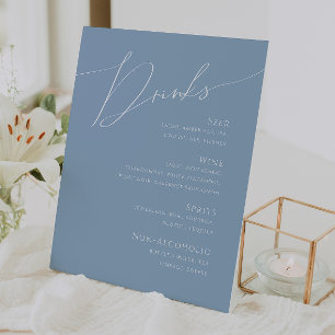 Whimsical Script Dusty Blue Wedding Drinks Menu Pedestal Sign