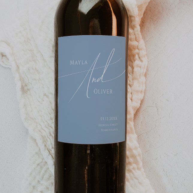 Whimsical Script | Dusty Blue Wedding Wine Label (Creator Uploaded)
