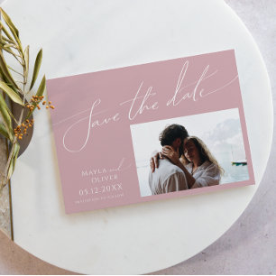 Whimsical Script   Dusty Rose Horizontal Photo Save The Date