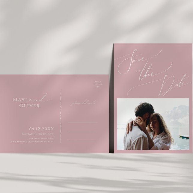 Whimsical Script | Dusty Rose Photo Save The Date Invitation Postcard (Creator Uploaded)