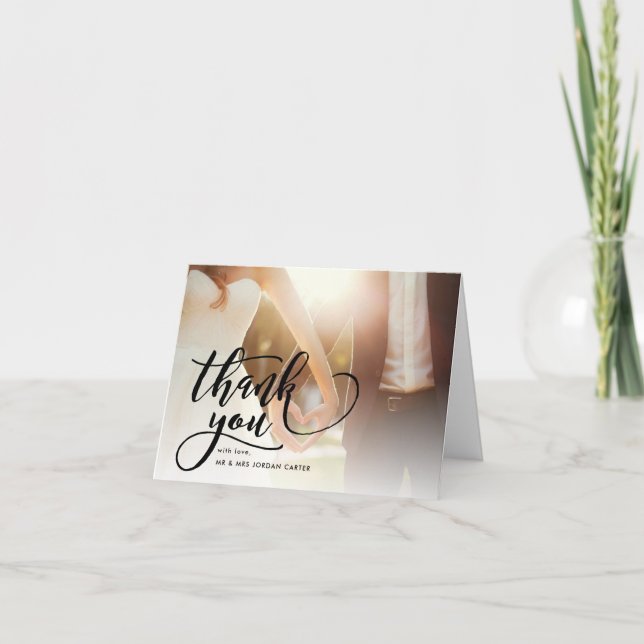 Whimsical Script Full Photo Wedding Thank You Card (Front)