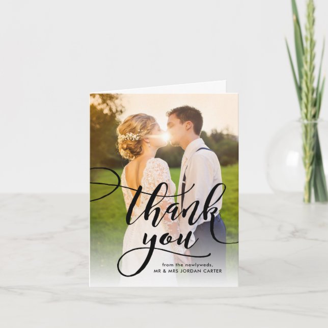 Whimsical Script Full Photo Wedding Thank You Card (Front)