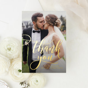 Whimsical Script Full Photo Wedding Thank You Foil Greeting Card