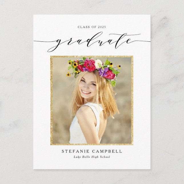 Whimsical Script Gold Glitter Photo Graduation Announcement Postcard (Front)