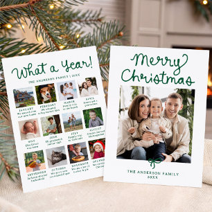 Whimsical Script Green Bow Year in Review Photo Holiday Card