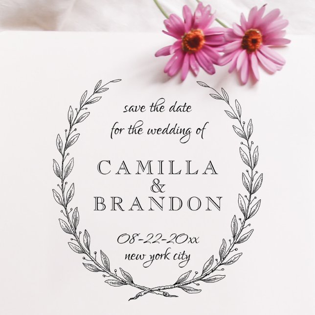 Whimsical Script Laurel Botanical Save The Date Rubber Stamp (Creator Uploaded)