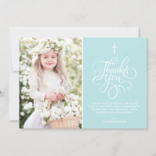 Whimsical Script Light Blue First Holy Communion Thank You Card