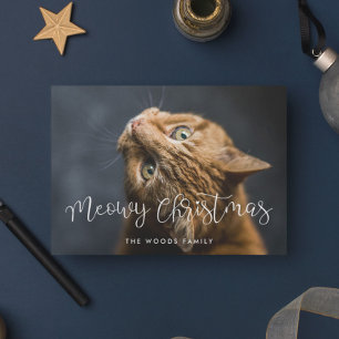 Whimsical Script Meowy Christmas Cat Photo Holiday Card