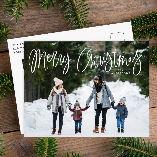 Whimsical Script Merry Christmas 2 Photo Holiday Postcard (Creator Uploaded)