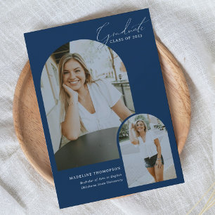 Whimsical Script Navy Blue Arch Photo Graduation Announcement