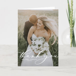 Whimsical Script Overlay Photo Wedding Thank You Card