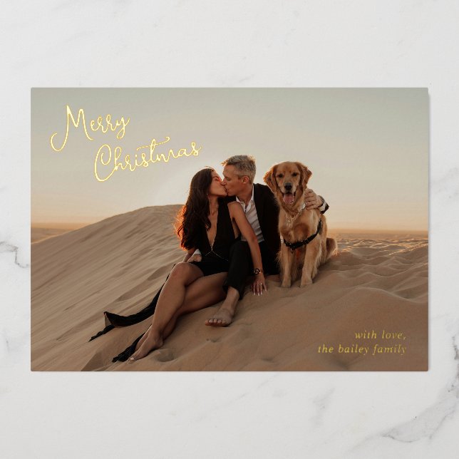 Whimsical Script Photo Modern Christmas Foil Holiday Card (Front)