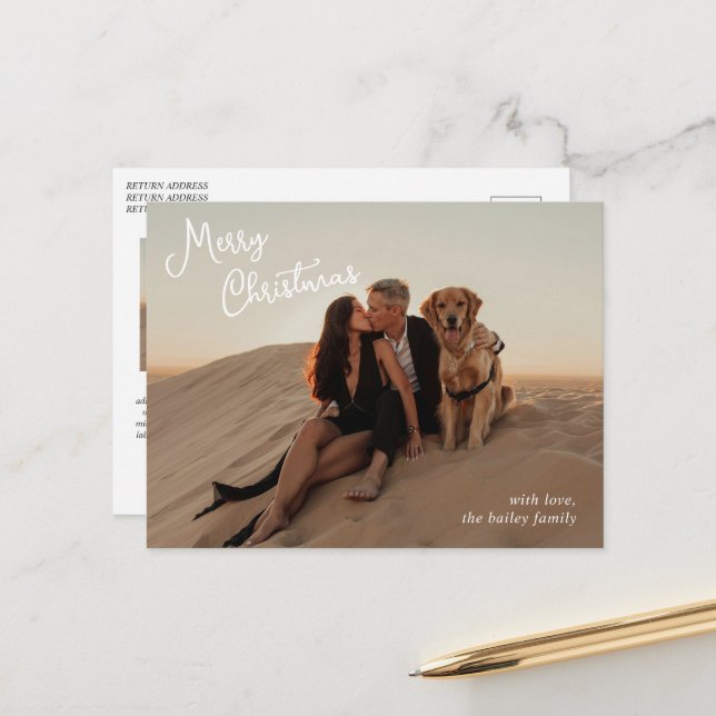 Whimsical Script Photo Modern Christmas Holiday Postcard (Front/Back In Situ)