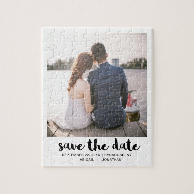 Whimsical Script Photo Save the Date Black Jigsaw Puzzle (Vertical)