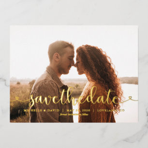 Whimsical Script Photo Wedding Save the Date  Foil Invitation Postcard