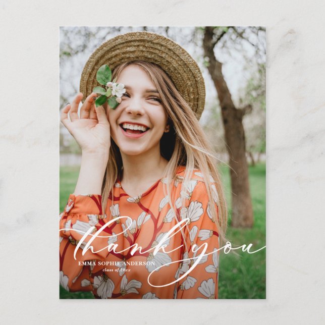 Whimsical Script Portrait Graduation Thank You Postcard (Front)