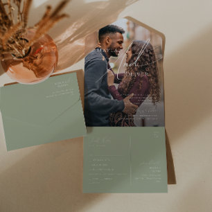 Whimsical Script Sage Casual Photo Seal and Send All In One Invitation