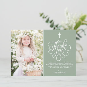 Whimsical Script Sage Green First Holy Communion Thank You Card