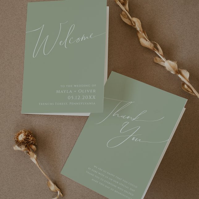 Whimsical Script | Sage Green Folded Wedding Program (Creator Uploaded)