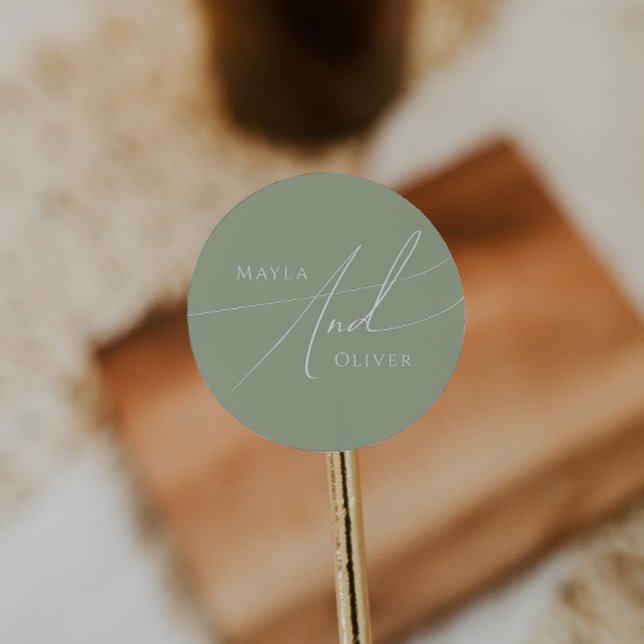 Whimsical Script | Sage Green Wedding Classic Round Sticker (Creator Uploaded)