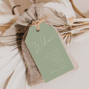 Whimsical Script   Sage Green Wedding Welcome Gift Tags