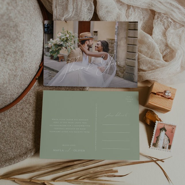 Whimsical Script | Sage Horizontal Photo Thank You Postcard (Creator Uploaded)