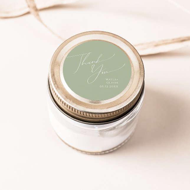 Whimsical Script | Sage Thank You Wedding Favour Classic Round Sticker (Creator Uploaded)