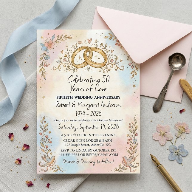 Whimsical Script Simple 50th Wedding Anniversary Invitation (Creator Uploaded)