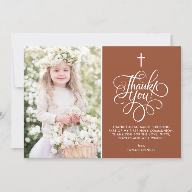 Whimsical Script Terracotta First Communion Photo Thank You Card (Front)