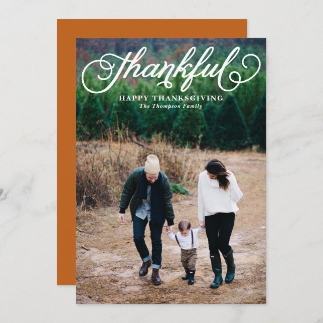 Whimsical Script Thankful Happy Thanksgiving Photo Holiday Card (Front/Back)