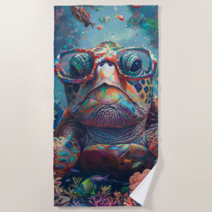 Whimsical Sea Turtle Underwater Scene Bright Color Beach Towel