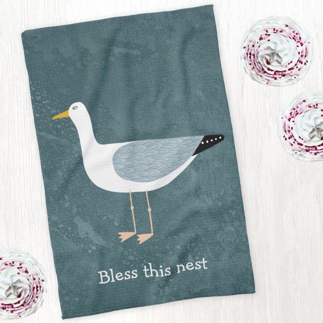 Whimsical Seagull Nautical Coastal Tea Towel (Seagull Bless this Nest custom text kitchen tea towel)