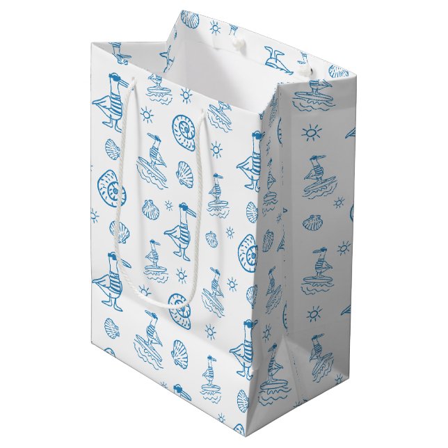 Whimsical Seagull Nautical Doodle Pattern Medium Gift Bag (Front Angled)