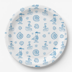 Whimsical Seagull Nautical Doodle Pattern Paper Plate