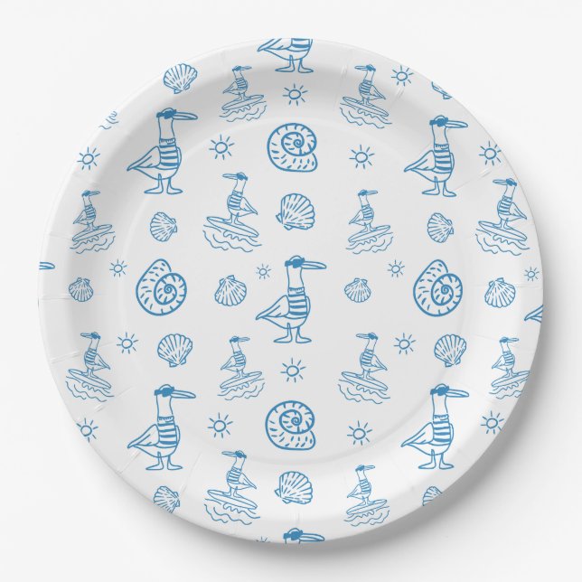 Whimsical Seagull Nautical Doodle Pattern Paper Plate (Front)