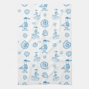 Whimsical Seagull Nautical Doodle Pattern Tea Towel