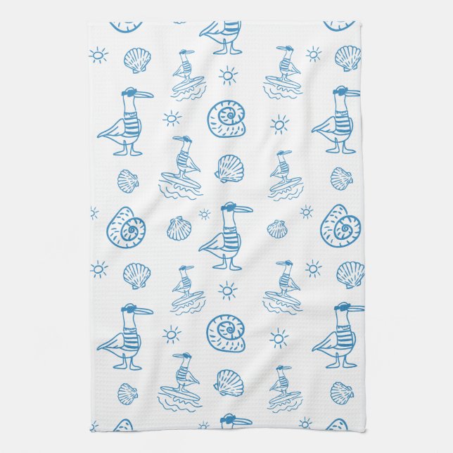 Whimsical Seagull Nautical Doodle Pattern Tea Towel (Vertical)