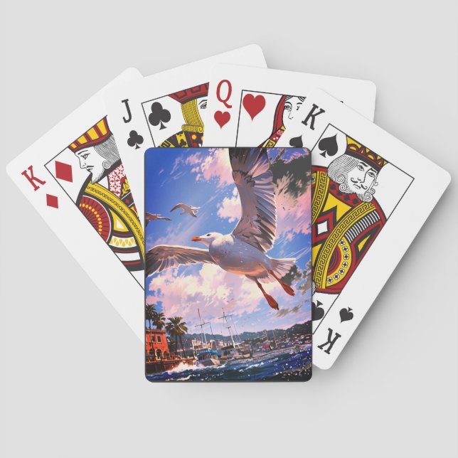 Whimsical Seagull with Sardine: Playful Illustrati Playing Cards (Back)