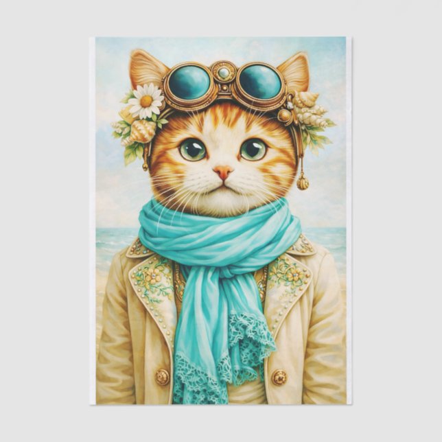  Whimsical Seaside Steampunk Cat FE8 Decoupage Tissue Paper (Front)