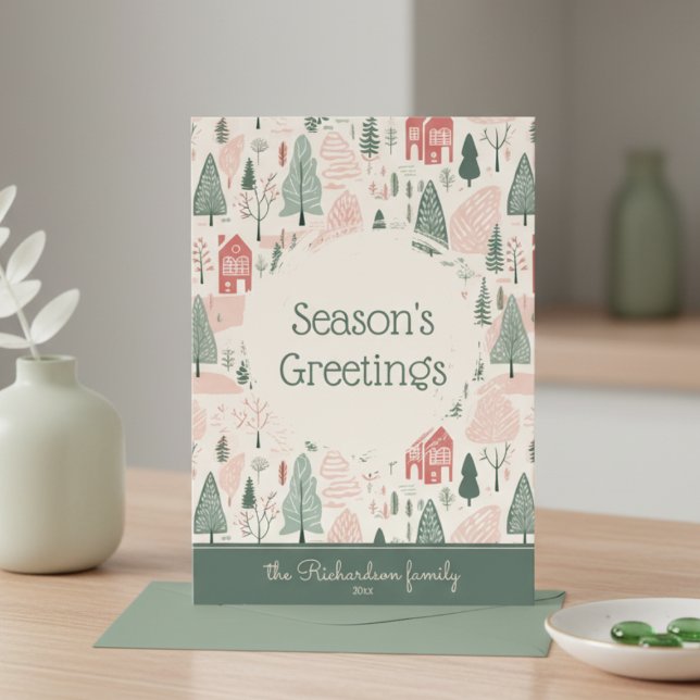 Whimsical Seasons Greetings Flat Holiday Card (cute whimsical cozy scandinavian folk art christmas seasons greetings card with custom family name)