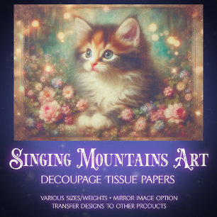 Whimsical Shabby Chic Floral Calico Cat Decoupage Tissue Paper