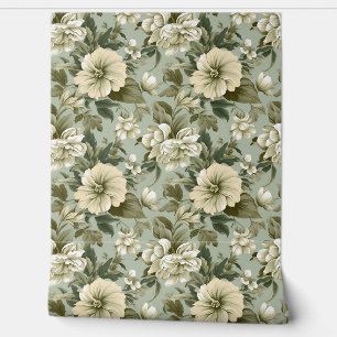 Whimsical Shabby chic sage green white flowers Wallpaper