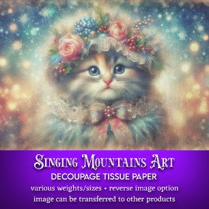 Whimsical Shabby Chic Winter Cat Decoupage Tissue Paper