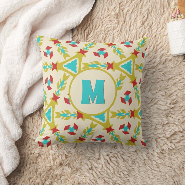 Whimsical Shapes Colourful Pattern with Monogram  Cushion (Blanket)