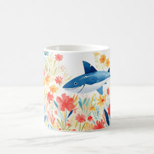 Whimsical Shark in Blooming Flower Garden Coffee Mug