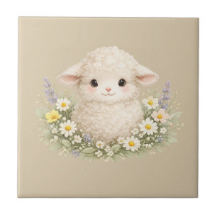 Whimsical Sheep and Wildflowers for a Charming Ceramic Tile