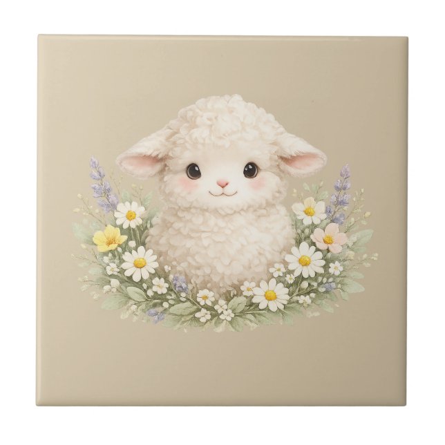 Whimsical Sheep and Wildflowers for a Charming Ceramic Tile (Front)