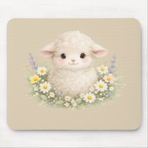Whimsical Sheep and Wildflowers for a Charming Mouse Pad