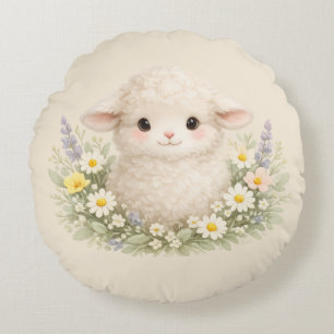 Whimsical Sheep and Wildflowers for a Charming Round Cushion