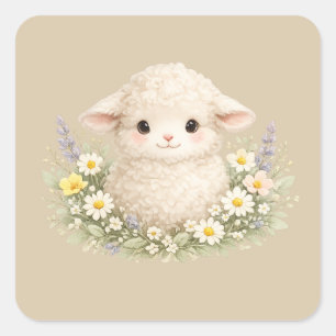Whimsical Sheep and Wildflowers for a Charming Square Sticker